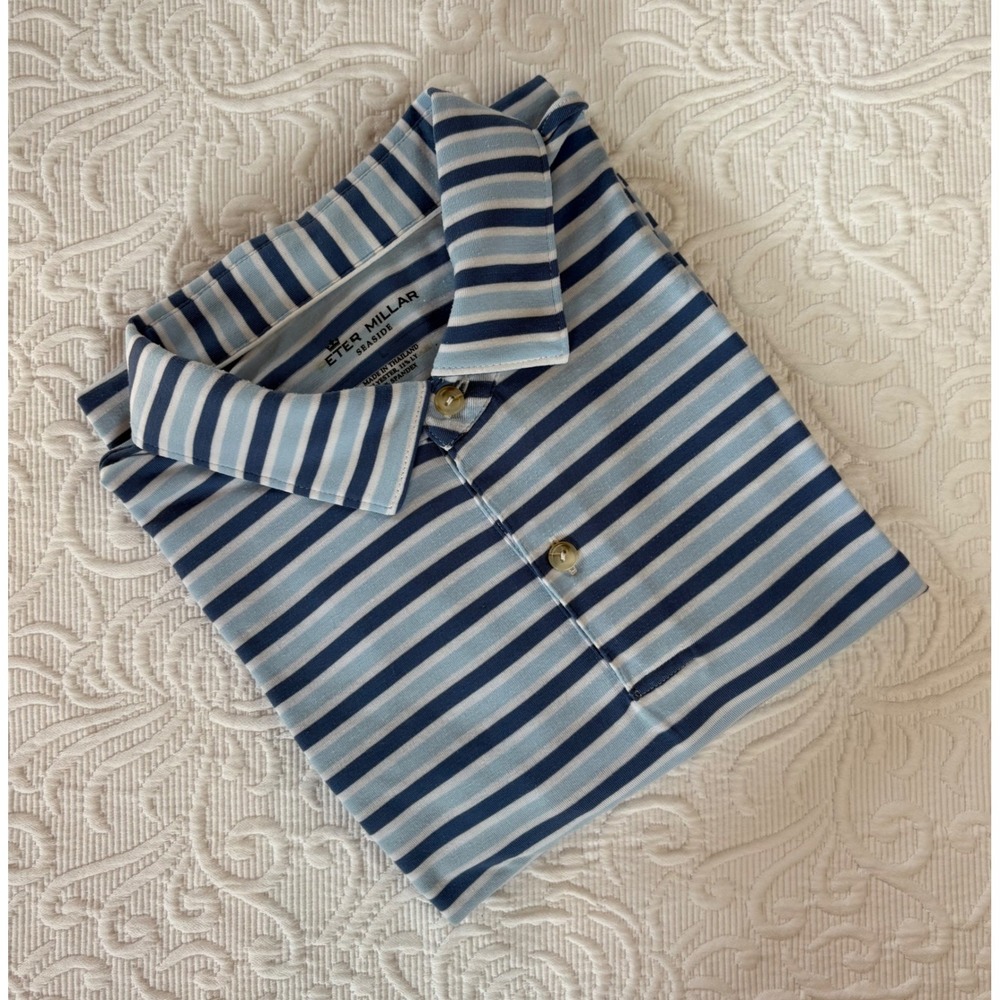Peter Millar Seaside Mens Large Striped Golf Polo Blue Navy White Performance L